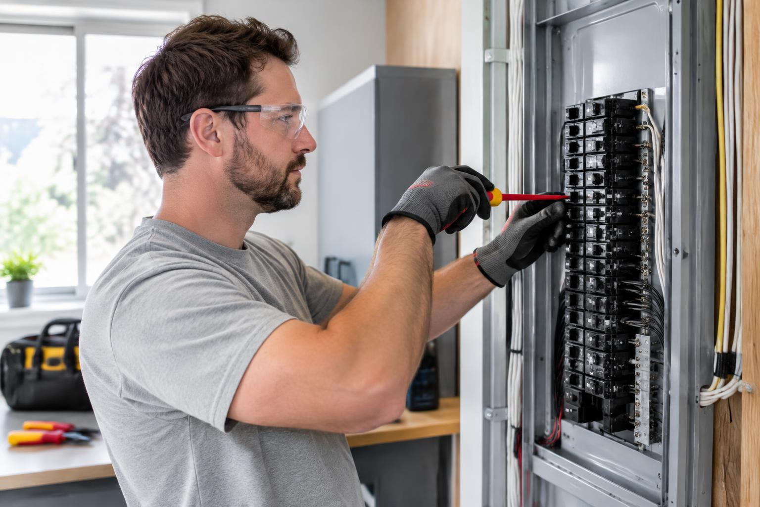 Electrician working on a service panel