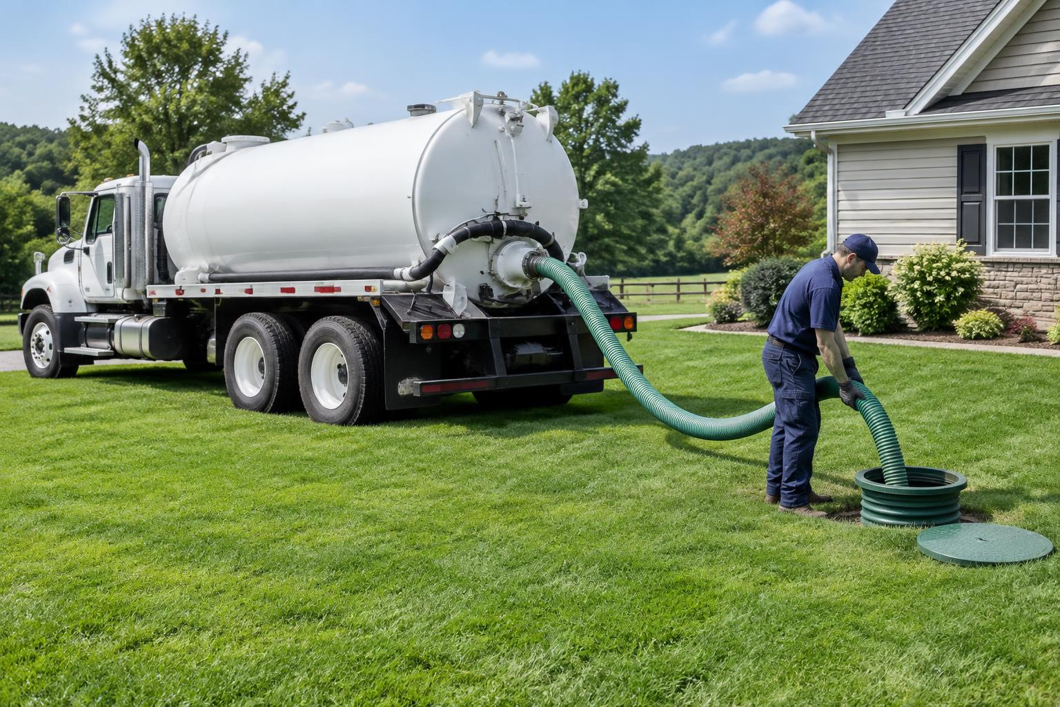 Septic service truck at a rural home