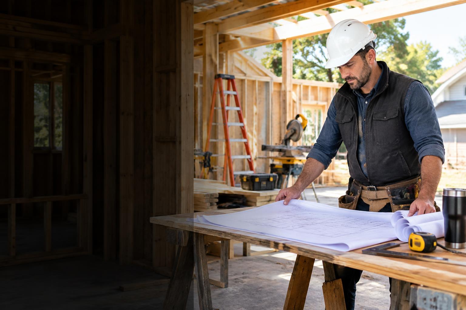 General contractor reviewing plans at a framed home addition