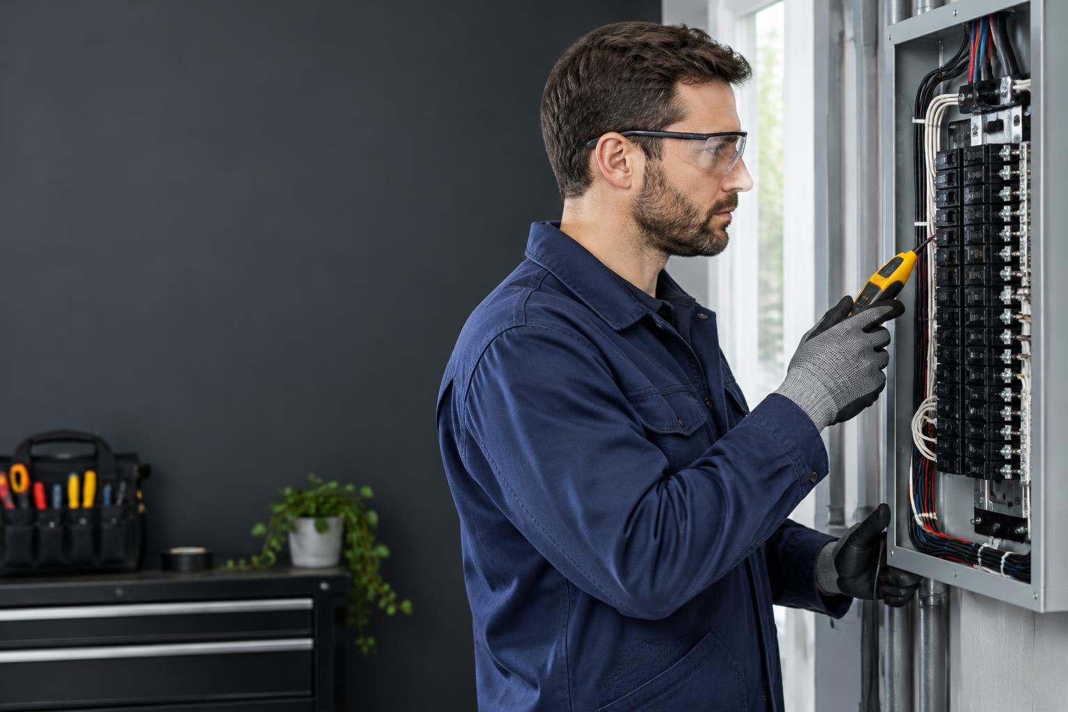 Electrician checking a residential electrical panel