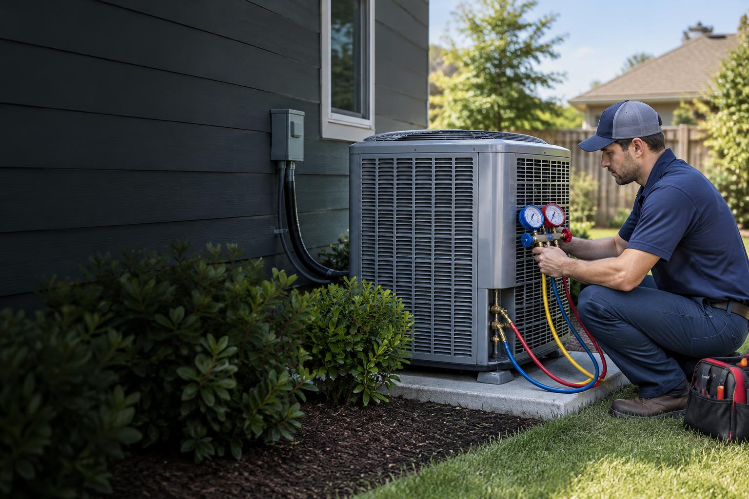 HVAC technician checking an outdoor air conditioner