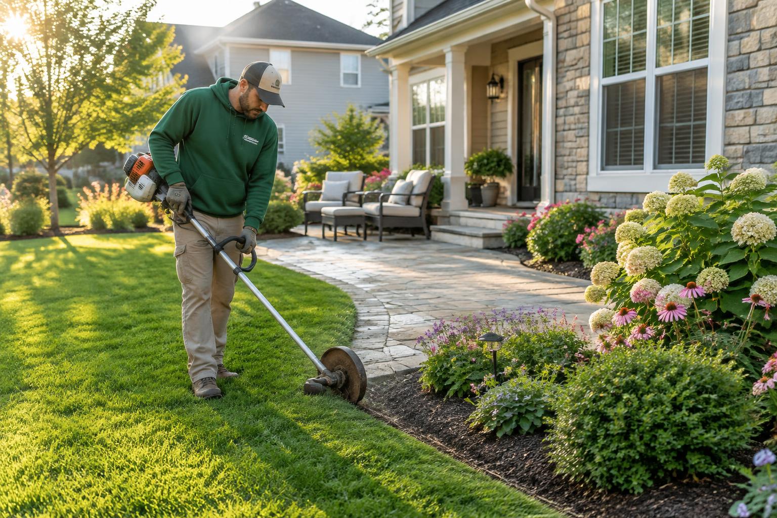 Landscaper edging a lawn beside a stone patio