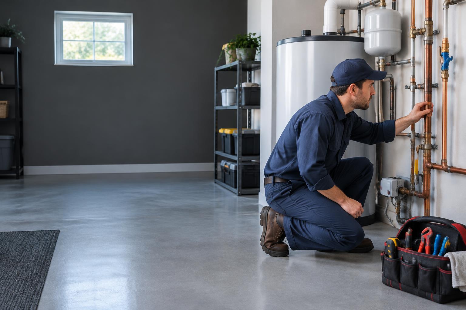 Plumber inspecting water heater piping