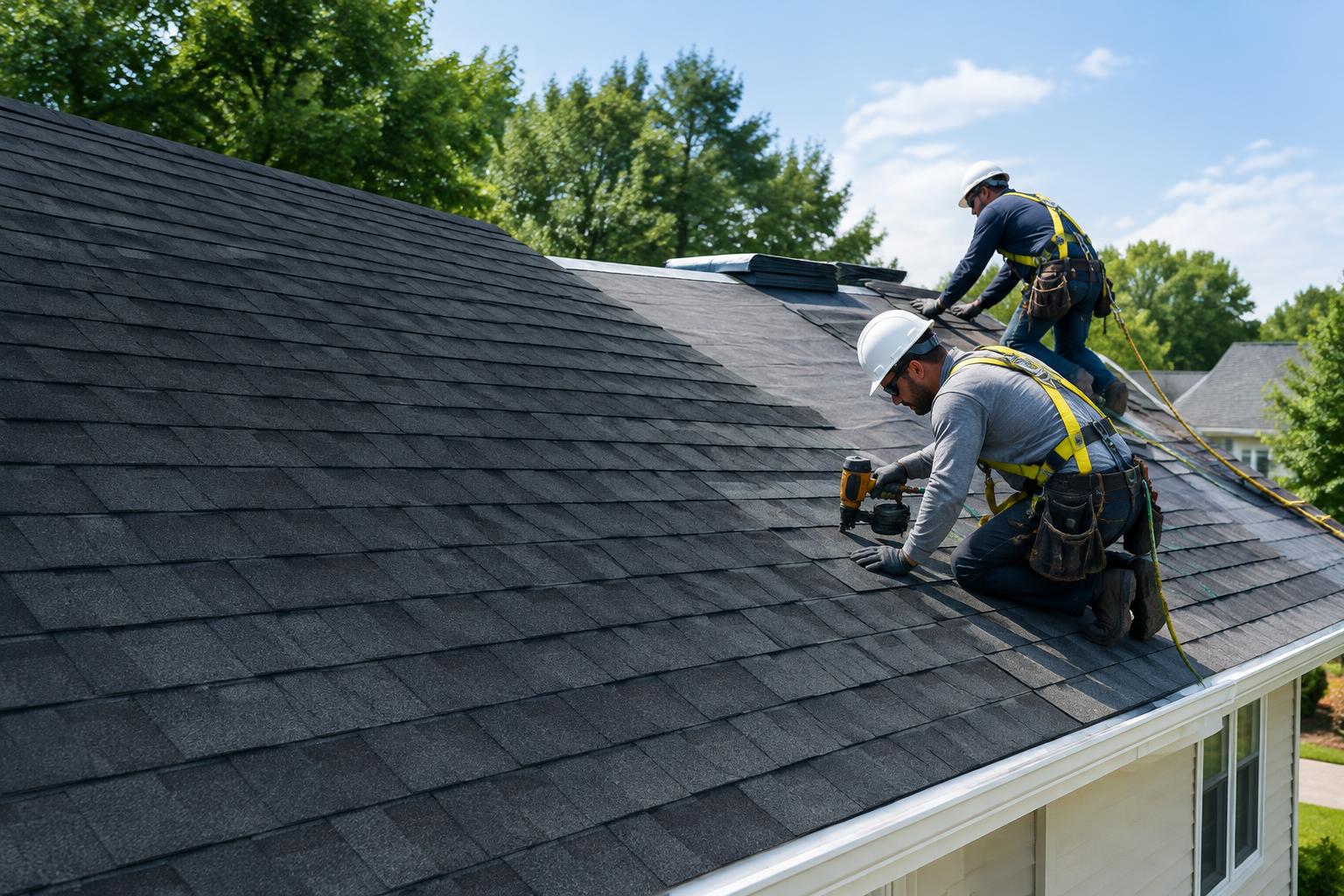 Roofers installing shingles with safety harnesses